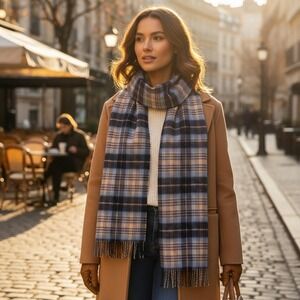 Edinburgh Cashmere Tartan Scarf Plaid Mackellar Mix Navy Fringe Classic Preppy